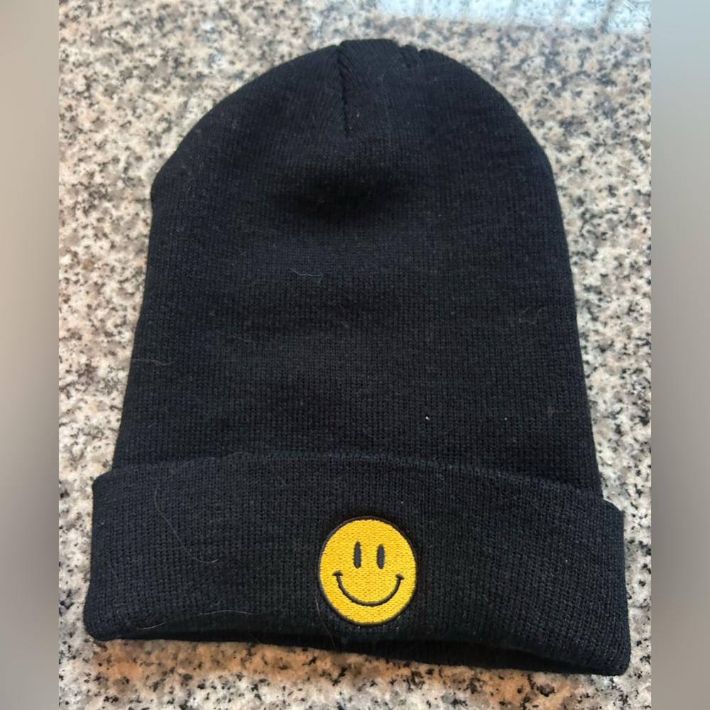 Smiley Face Black Knit Beanie